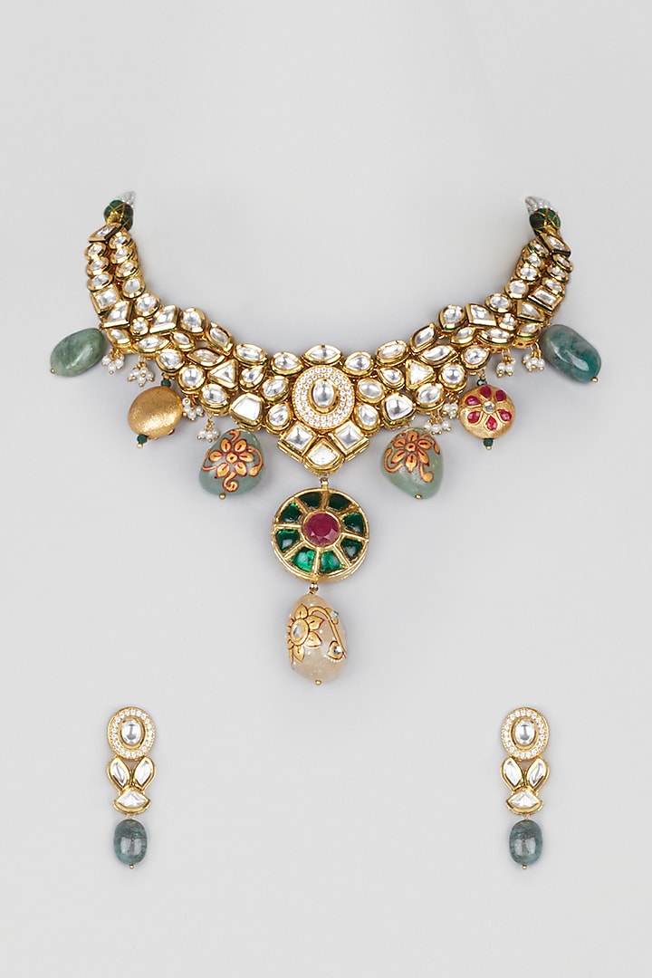 Gold Plated Kundan Polki & Crystals Necklace Set by Minaki